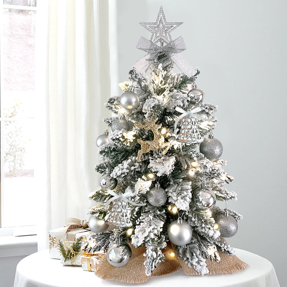 2ft Mini Christmas Tree With Light Woodland Artificial Small Tabletop Christmas Decoration With Flocked Snow, Exquisite Decor & Xmas Ornaments For Table Top For Home & Office