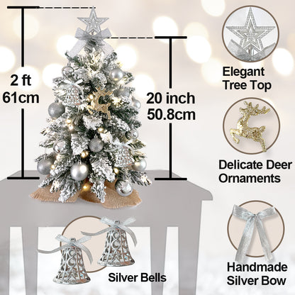 2ft Mini Christmas Tree With Light Woodland Artificial Small Tabletop Christmas Decoration With Flocked Snow, Exquisite Decor & Xmas Ornaments For Table Top For Home & Office