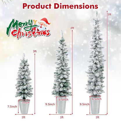 3 Pcs Set Potted Artificial Christmas Tree Snow Flocked Slim Pencil Christmas Tree